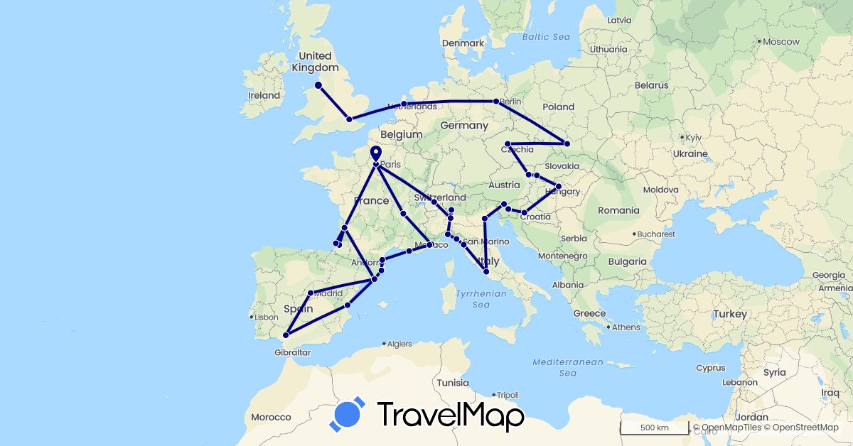 TravelMap itinerary: driving in Austria, Switzerland, Czech Republic, Germany, Spain, France, United Kingdom, Croatia, Hungary, Italy, Monaco, Netherlands, Poland, Slovenia, Slovakia (Europe)