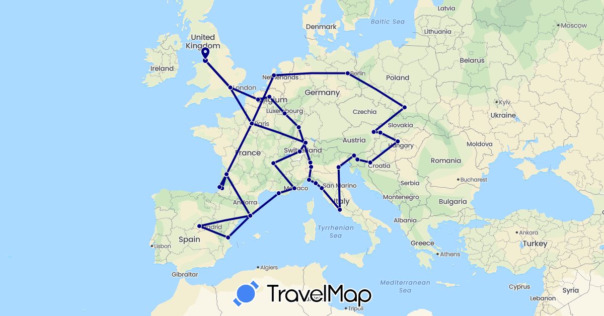 TravelMap itinerary: driving in Austria, Belgium, Switzerland, Germany, Spain, France, United Kingdom, Croatia, Hungary, Italy, Luxembourg, Netherlands, Poland, Slovenia, Slovakia (Europe)